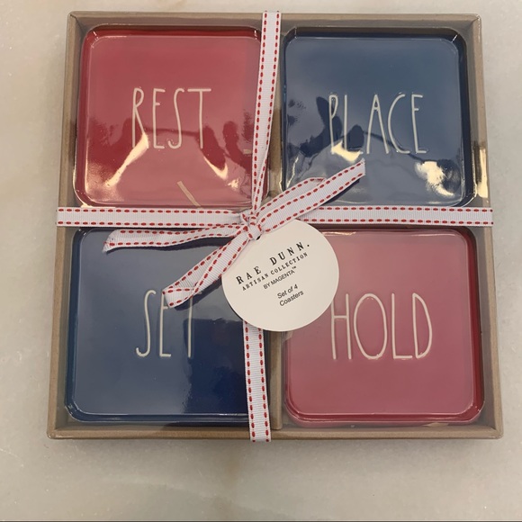 Rae Dunn REST, PLACE, HOLD, SET coaster set